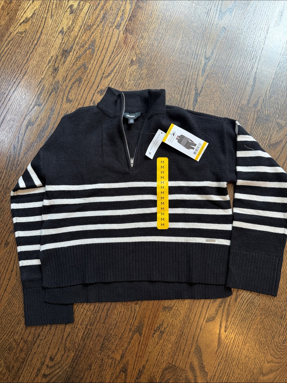 DKNY Black Half-Zip Sweater with Cream Stripes